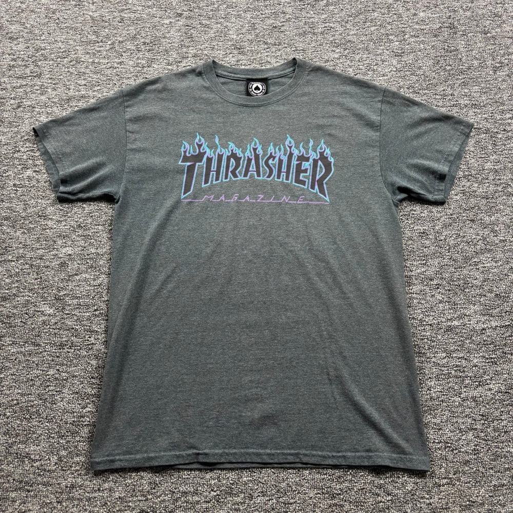 Grunge Thrasher Skate Flame Logo Graphic Dark Grey T-Shirt Size Medium
